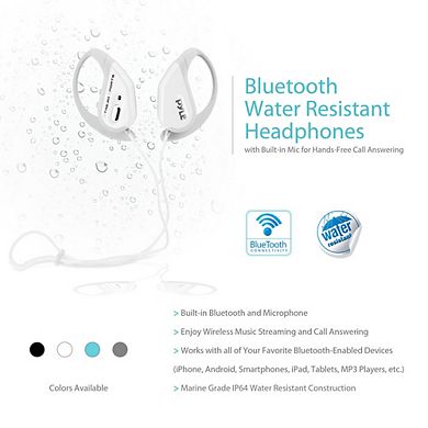 Pyle Water Resistant Bluetooth Sports Headphones - Built-in Mic, Weatherproof, White