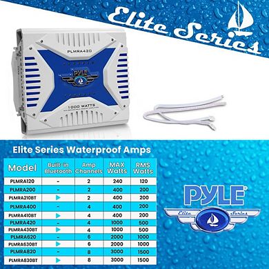 Pyle 4-Channel Elite Series Marine Amplifier - 1000W Bridgeable Waterproof Amp - White - 1ct