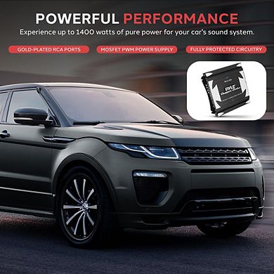 Pyle 2-Channel Bridgeable MOSFET Car Amplifier - 1400W Max - Slim Design with Crossover - Black