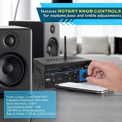 Pyle Compact Bluetooth Stereo Power Amplifier, 2x40W, USB/SD/FM, RCA Input, LED Display