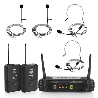 Pyle 2-Channel Wireless Mic System, 2 Headset, 2 Lavalier Mics, Transmitter, Karaoke