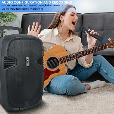 Pyle 15" Bluetooth PA Speaker Portable Sound System Microphones Battery, Audio Recording, FM Radio