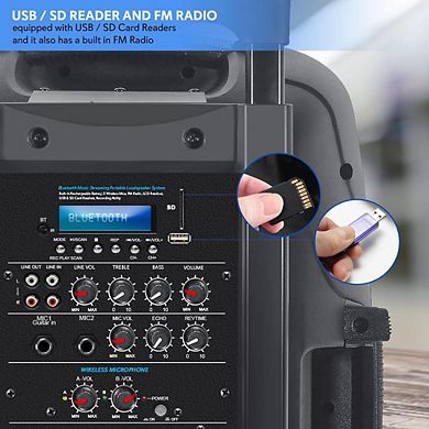 Pyle 15" Bluetooth PA Speaker Portable Sound System Microphones Battery, Audio Recording, FM Radio