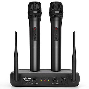 Pyle VHF Wireless Microphone System, 2 Handheld Mics, Receiver, PA/Karaoke, Black