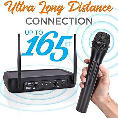 Pyle VHF Wireless Microphone System, 2 Handheld Mics, Receiver, PA/Karaoke, Black