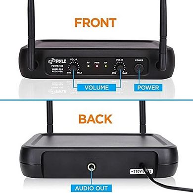 Pyle VHF Wireless Microphone System, 2 Handheld Mics, Receiver, PA/Karaoke, Black