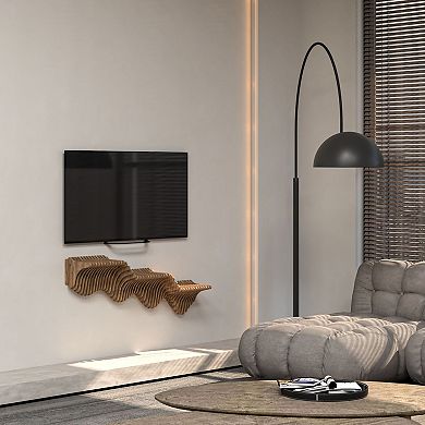 Modern Geometric Floating Shelf Wood with 3D Wavy Design, Wall-Mounted for Living & Gaming Rooms