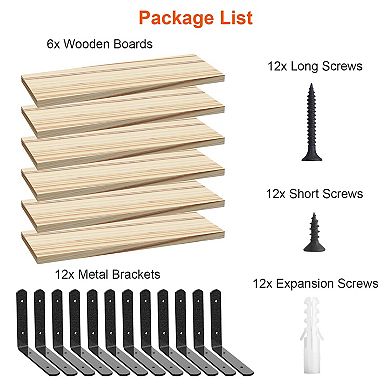 6 Set Floating Wall Shelves 15.7x5.7in Wood Storage Shelves with Metal Brackets for Display