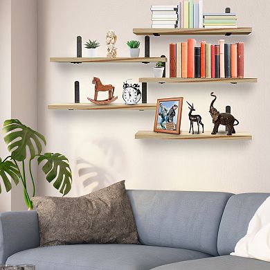 6 Set Floating Wall Shelves 15.7x5.7in Wood Storage Shelves with Metal Brackets for Display