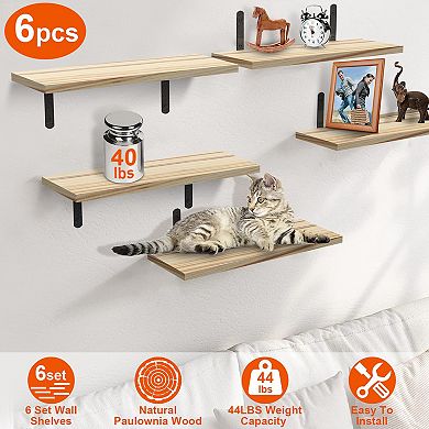 6 Set Floating Wall Shelves 15.7x5.7in Wood Storage Shelves with Metal Brackets for Display