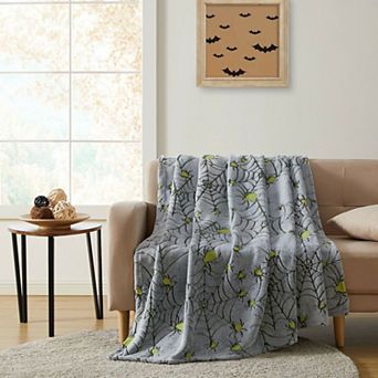 Kate Aurora Halloween Spooky Glow In The Dark Spider Webs Ultra Soft and Plush Throw Blanket