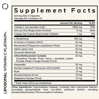 Codeage Liposomal Vitamin C+ Platinum, NAC, Glutathione, 180 ct