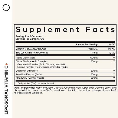 Codeage Liposomal Vitamin C, Zinc, Elderberry, Citrus Bioflavonoids, 90ct