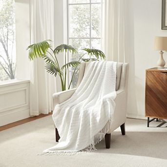 Narniar Solid White Jacquard Textured Decorative Throw Blanket with Fringes 50x60"