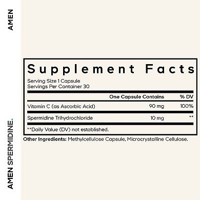 Amen Spermidine Supplement, Spermidine HCl, Vitamin C Ascorbic Acid, Vegan, 30 ct