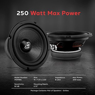 Pyle 6.5'' High Performance Mid-Bass Woofer - 250W Peak - 8 Ohm - PDMW6