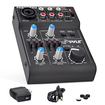 Pyle Compact DJ Mixer Pro Audio Interface, 5-Channel, USB, Rechargeable Battery, XLR/Phantom Power