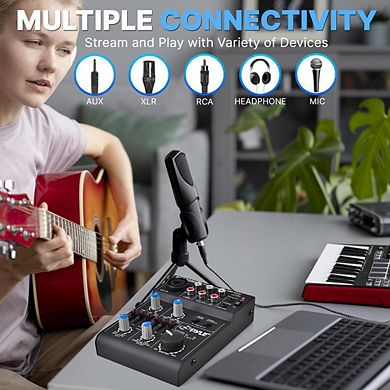 Pyle Compact DJ Mixer Pro Audio Interface, 5-Channel, USB, Rechargeable Battery, XLR/Phantom Power