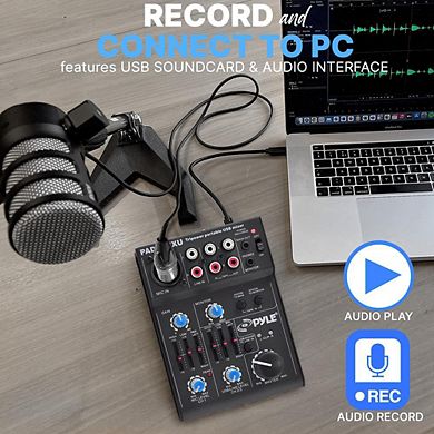 Pyle Compact DJ Mixer Pro Audio Interface, 5-Channel, USB, Rechargeable Battery, XLR/Phantom Power