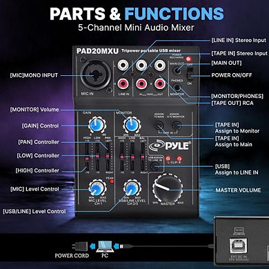 Pyle Compact DJ Mixer Pro Audio Interface, 5-Channel, USB, Rechargeable Battery, XLR/Phantom Power