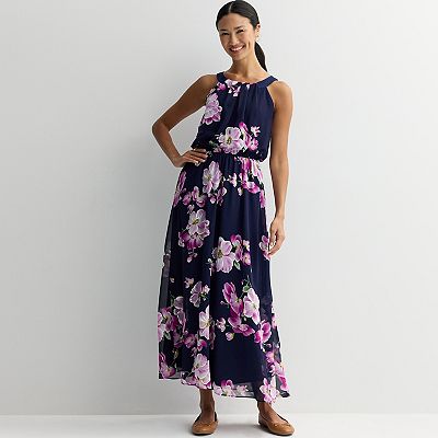 black halter neck bridesmaid dress Black Multi Floral Pattern Gathered Chiffon Halter Maxi Dress - All Dresses main image 1