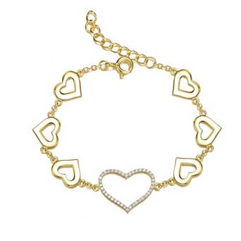 14k Gold-Plated Cubic Zirconia Heart Halo Charm Bracelet