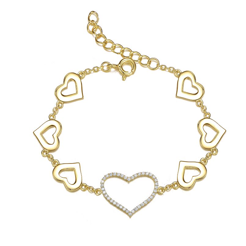 14k Gold-Plated Cubic Zirconia Heart Halo Charm Bracelet