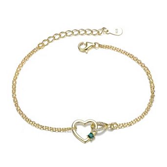 14k Gold-Plated Green Cubic Zirconia Heart Charm Bracelet