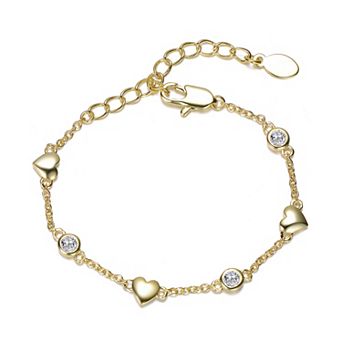 14k Gold-Plated Cubic Zirconia Heart Charm Station Bracelet