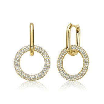 14k Gold-Plated Pave Cubic Zirconia Round Drop Hoop Earrings