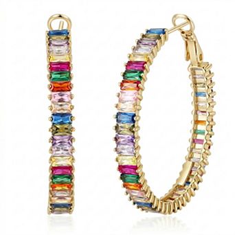 14k Gold-Plated Colored Emerald-Cut Cubic Zirconia Snap Hinge Hoop Earrings