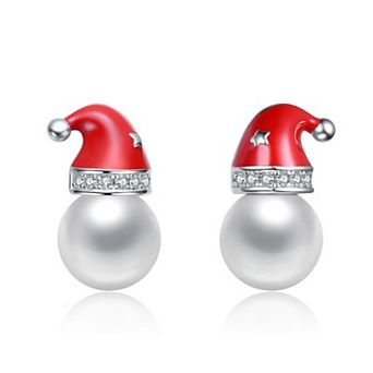14k White Gold-Plated Freshwater Cultured Pearl & Cubic Zirconia Santa Hat Stud Earrings