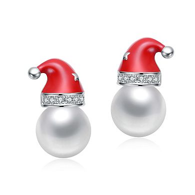 14k White Gold-Plated Freshwater Cultured Pearl & Cubic Zirconia Santa Hat Stud Earrings