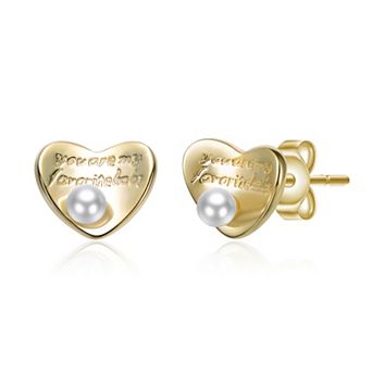 14k Gold-Plated Freshwater Cultured Pearl "You Are My Favorite Baby" Engraved Heart Stud Earrings