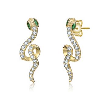 14k Gold Over Sterling Silver Green Gemstone Eyed Snake Drop Earrings