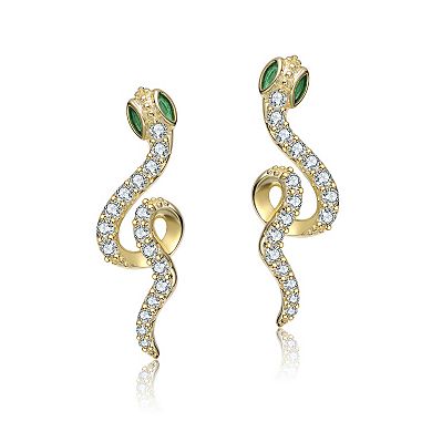 14k Gold Over Sterling Silver Green Gemstone Eyed Snake Drop Earrings