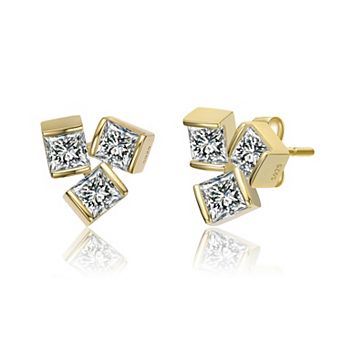 14k Gold Over Sterling Silver Cubic Zirconia 3-Stone Stud Earrings