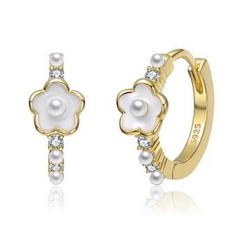 14k Gold Over Sterling Silver Freshwater Cultured Pearl & Cubic Zirconia Flower Hoop Earrings