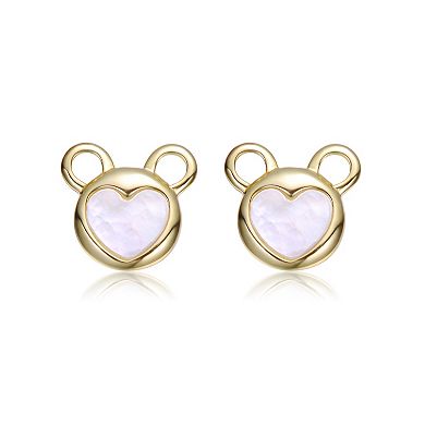 14k Gold Over Sterling Silver Heart Stud Earrings with Bear Face Design