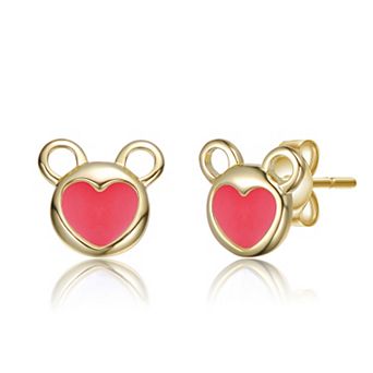 14k Gold Over Sterling Silver Heart Stud Earrings with Bear Face Design