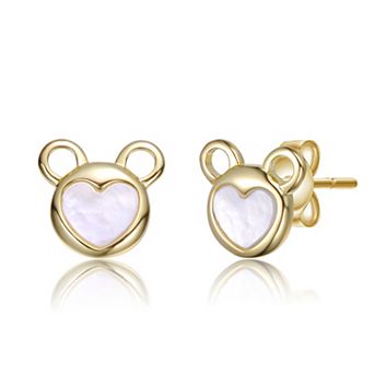 14k Gold Over Sterling Silver Heart Stud Earrings with Bear Face Design