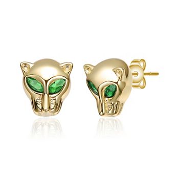 14k Gold Panther Stud Earrings with Green Cubic Zirconia Eyes