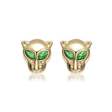14k Gold Panther Stud Earrings with Green Cubic Zirconia Eyes