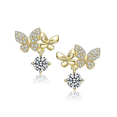 14k Gold Cubic Zirconia Butterfly Dangle Stud Earrings
