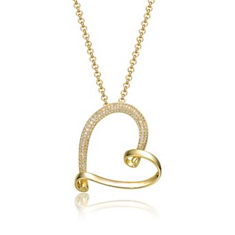 14k Gold Over Sterling Silver Cubic Zirconia Open Ribbon Heart Asymmetrical Pendant Necklace