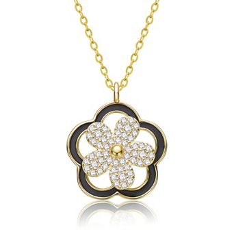 14k Gold Over Sterling Silver Clear Cubic Zirconia & Black Enamel Flower Design Pendant Necklace
