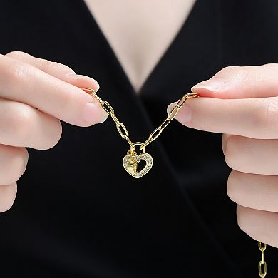 14k Gold Over Sterling Silver Cubic Zirconia Heart Lock Charms Necklace