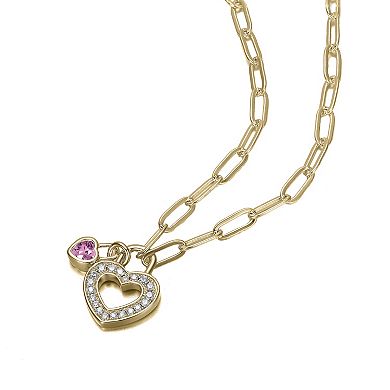 14k Gold Over Sterling Silver Cubic Zirconia Heart Lock Charms Necklace