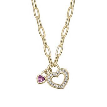 14k Gold Over Sterling Silver Cubic Zirconia Heart Lock Charms Necklace