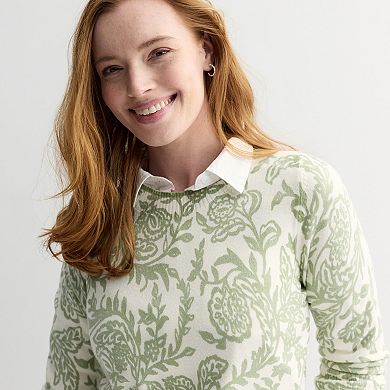 Petite Croft & Barrow® Printed Three Quarter Sleeve Pullover Sweater